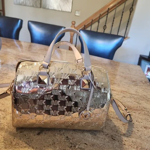 Michael Kors Gold Embossed MK Gold Metallic-Finish Grayson Satchel - Picture 2 of 16